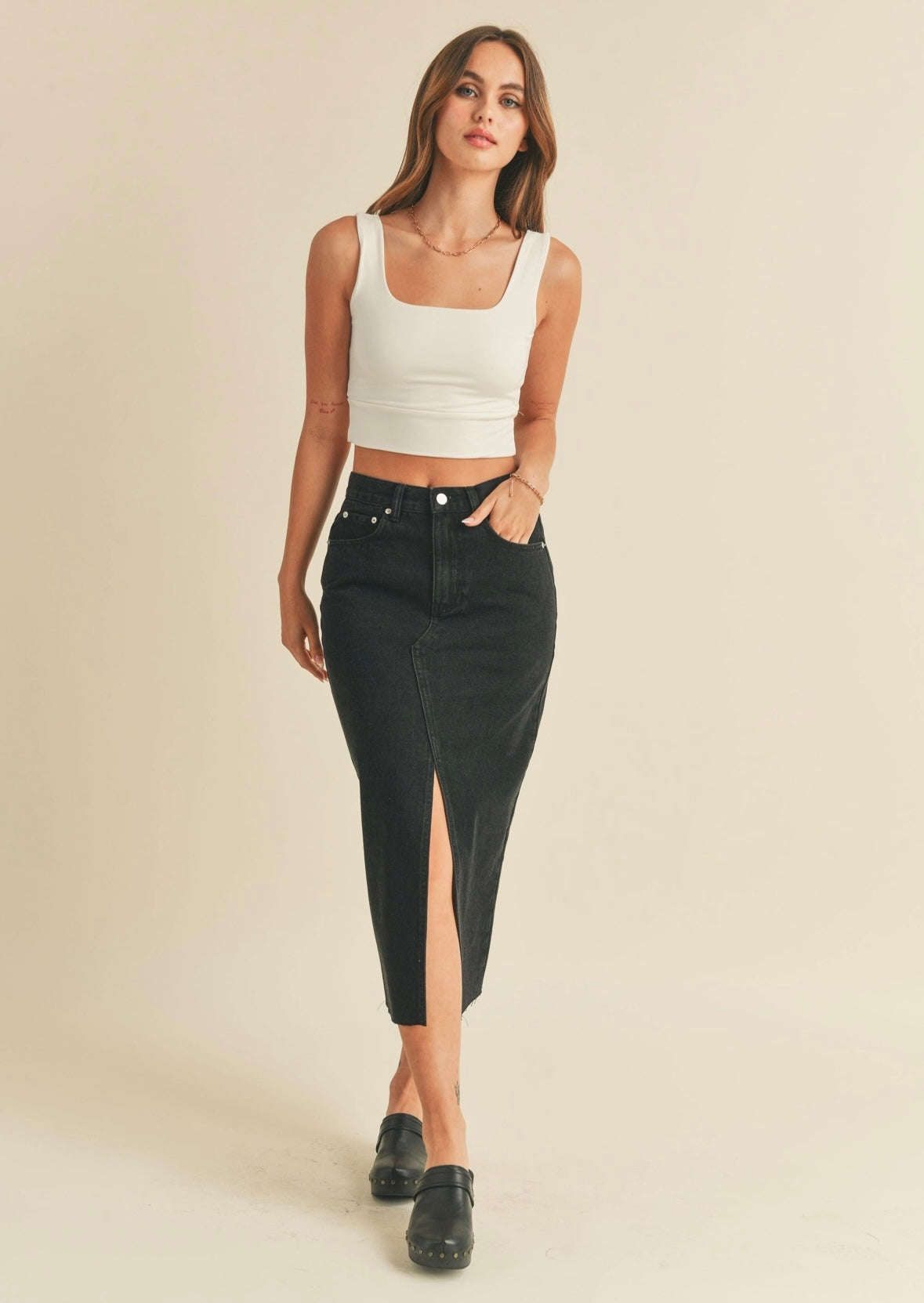 Black Denim Slit Skirt