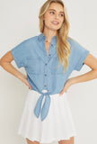 Denim Short Sleeve Button Down Tie Top