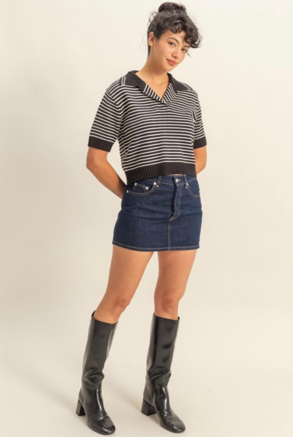 Black Striped Collard Sweater