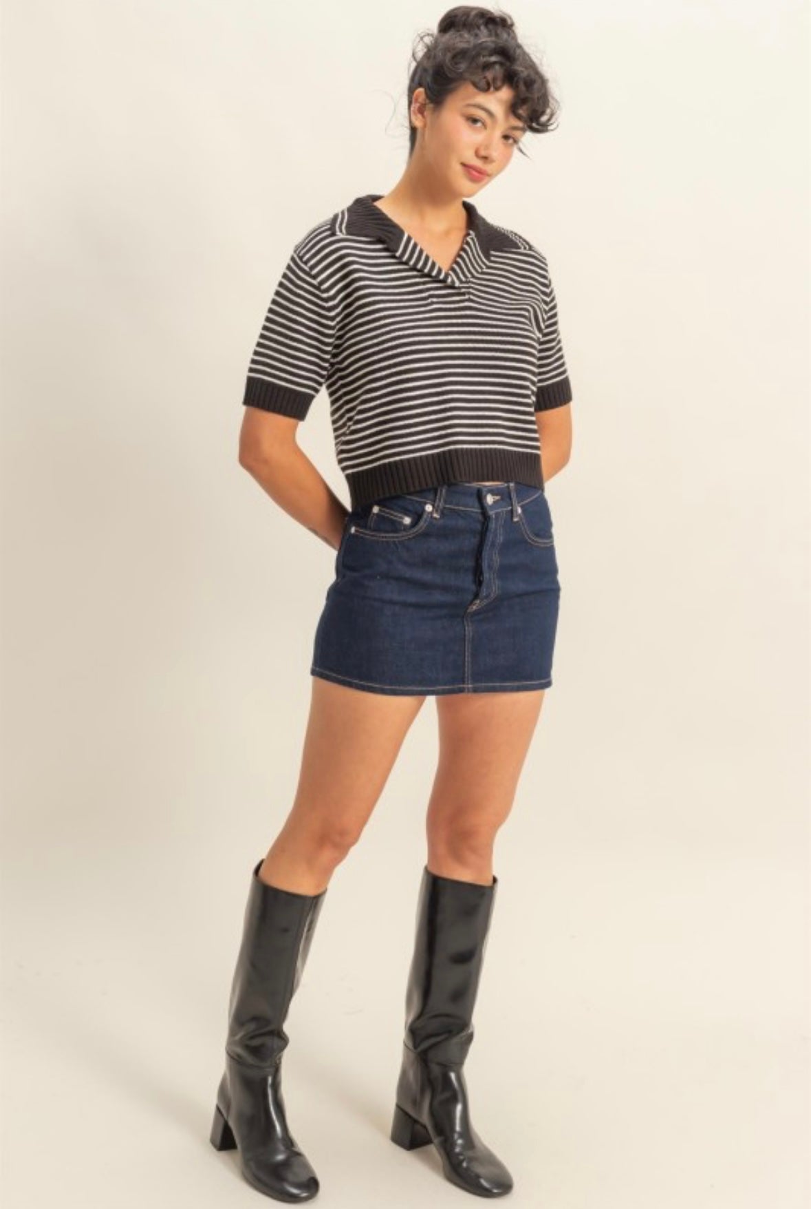 Black Striped Collard Sweater