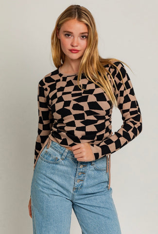 Camel Check Drawstring Sweater