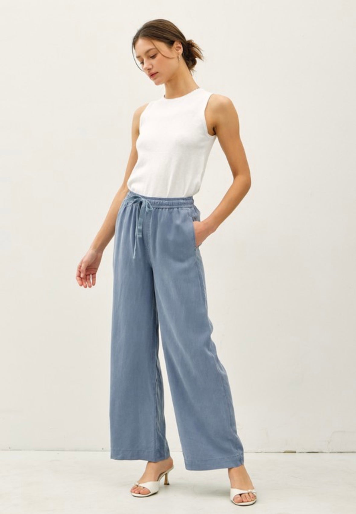 Blue Tencel Wide Leg Pants
