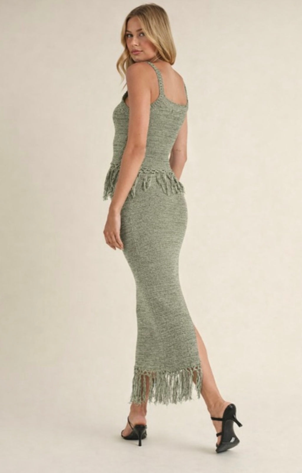 Olive Crochet Tassel Skirt Set