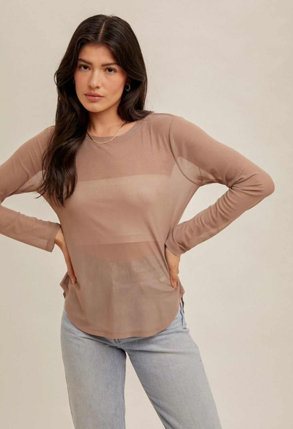 Taupe Foil Mesh Top