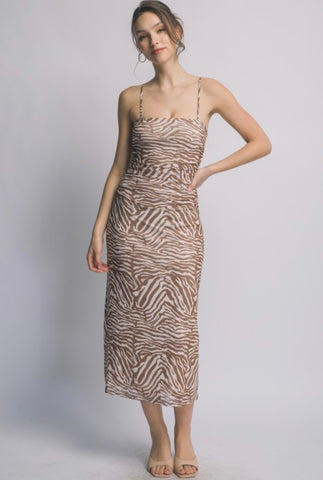 Brown Zebra Ruched Midi Dress