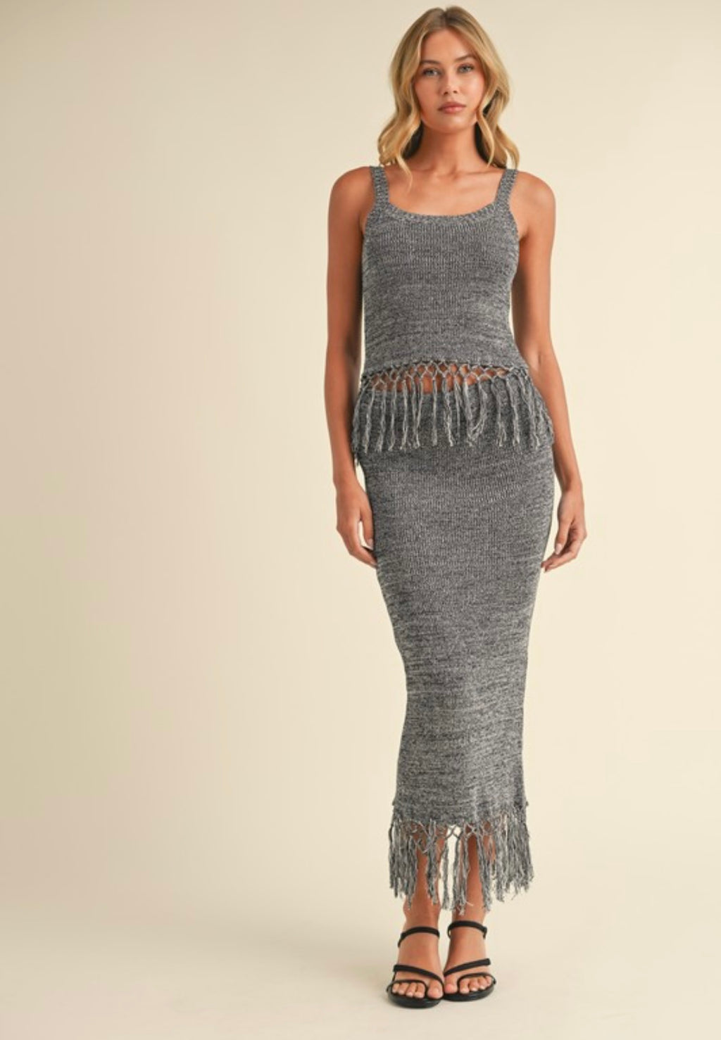 Grey Crochet Tassel Skirt Set