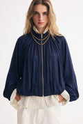 Navy Satin Balloon Bomber Jacket