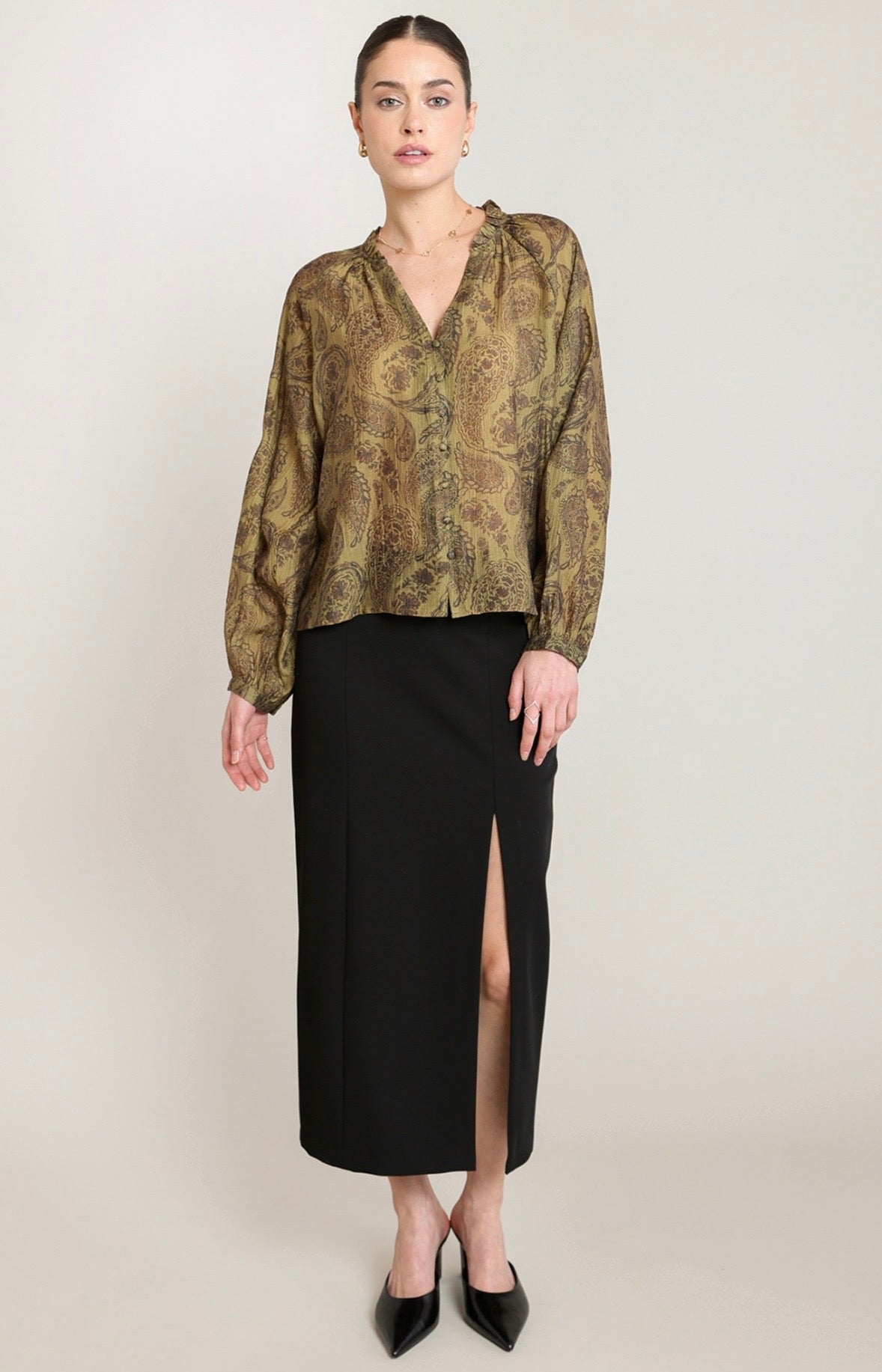 Paisley Olive Peasant Top