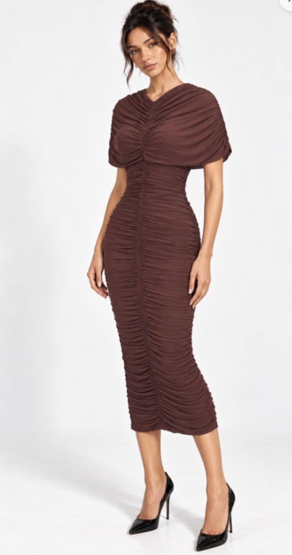 Brown Shirred Cape Dress