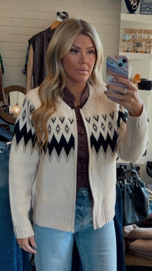 Ivory Argyle Zip Cardigan