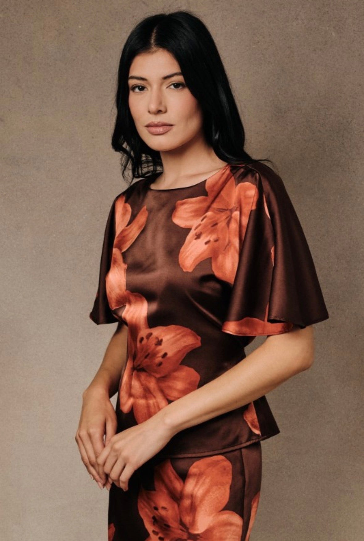 Brown Floral Satin Tie Blouse