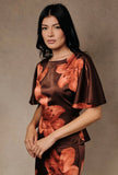 Brown Floral Satin Tie Blouse