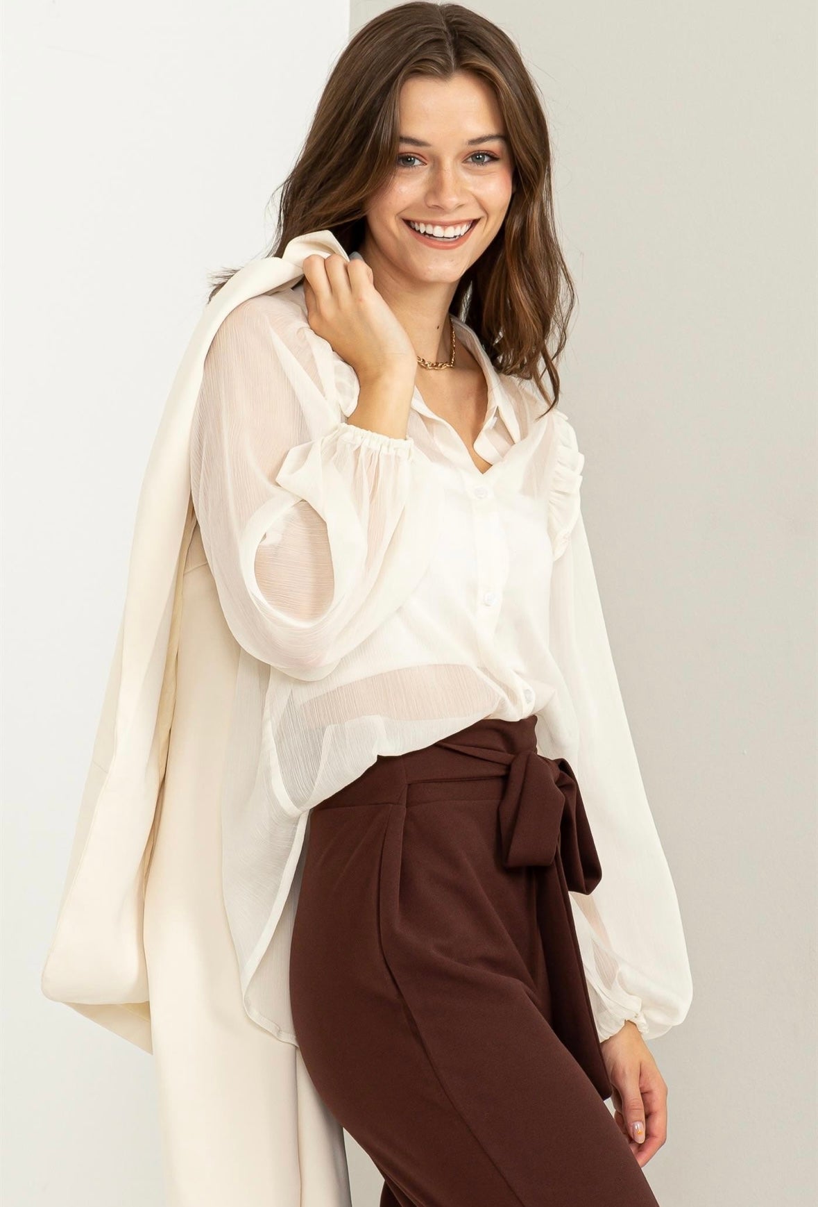Ivory Sheer Ruffle Button Down