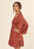Rust Split Neck Satin Dress