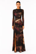 Brown Abstract Mesh Maxi Dress