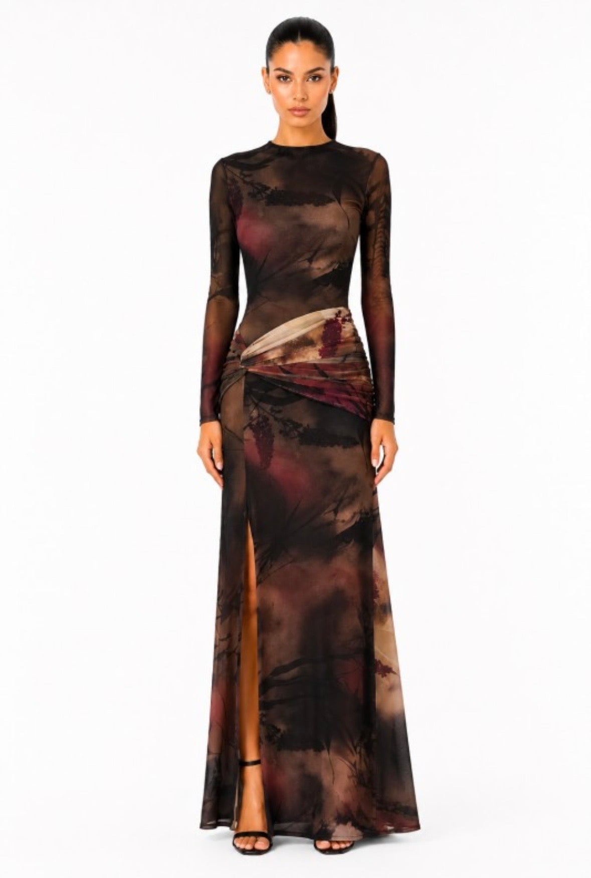 Brown Abstract Mesh Maxi Dress
