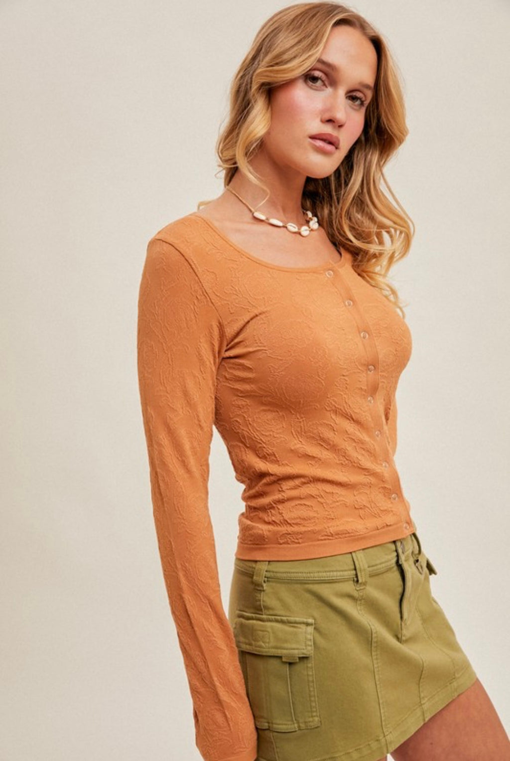 Camel Textured Snap Top