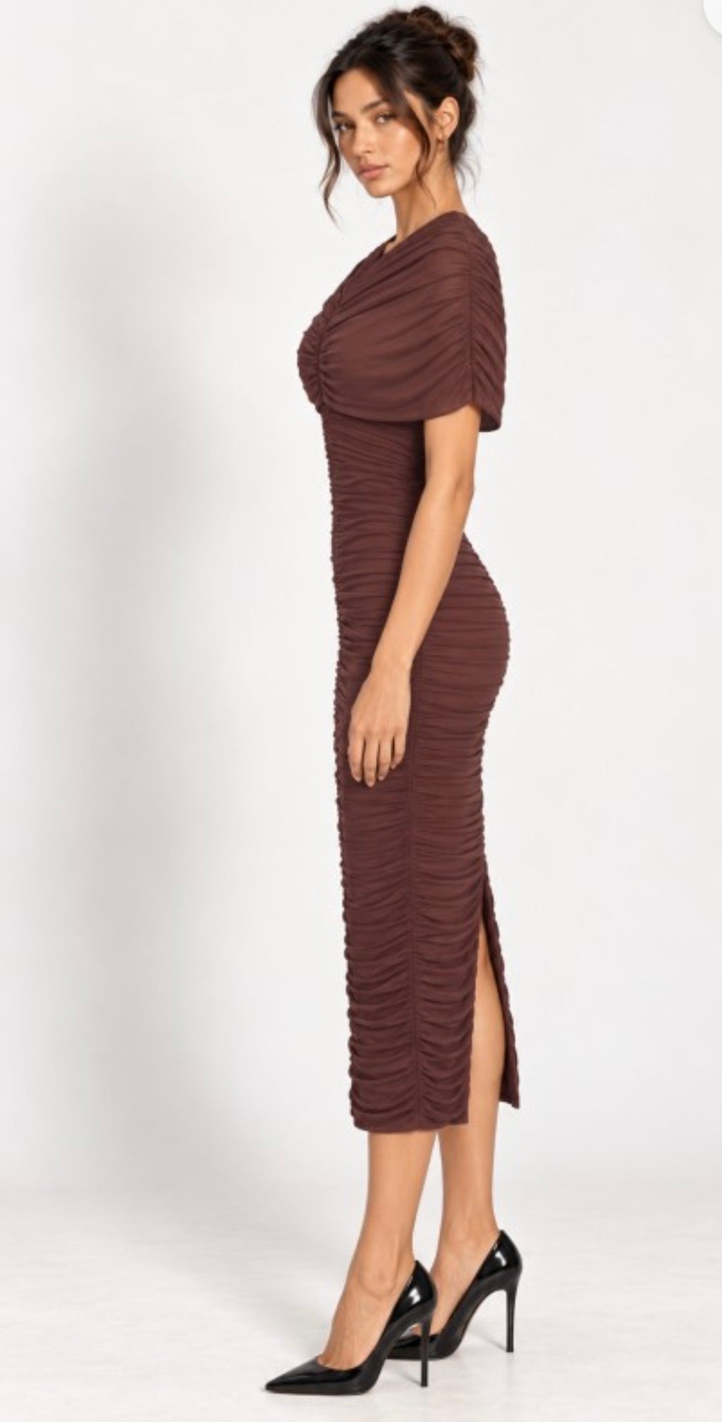 Brown Shirred Cape Dress