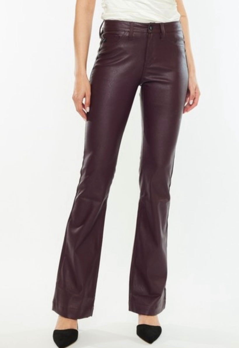Wine Vegan Leather Flare Pants