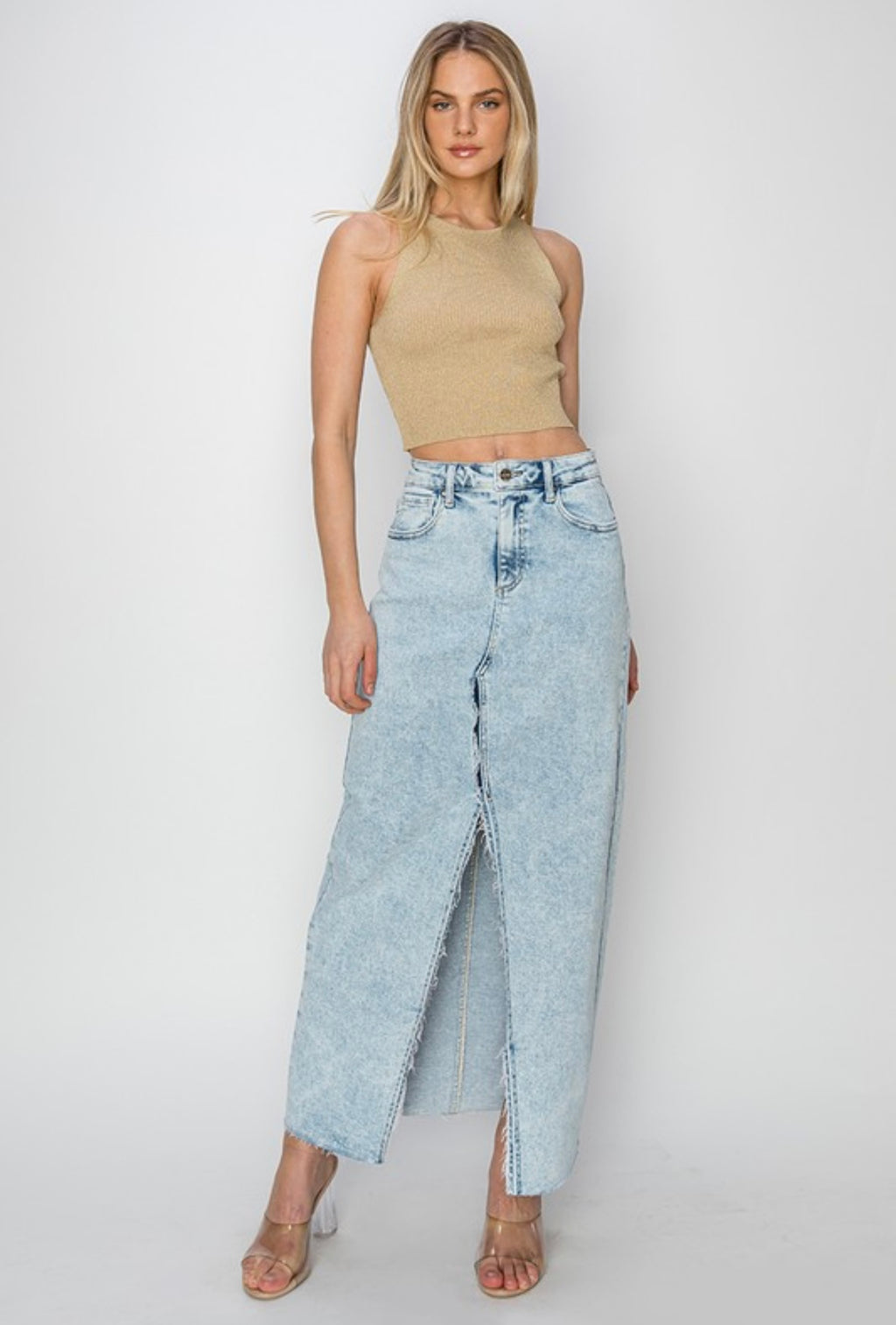 High Rise Denim Slit Maxi Skirt