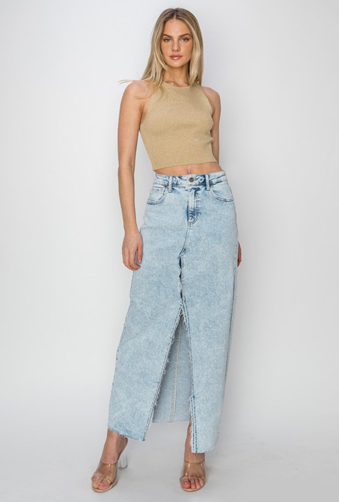 High Rise Denim Slit Maxi Skirt
