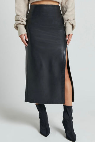 Black Vegan Leather Midi Skirt