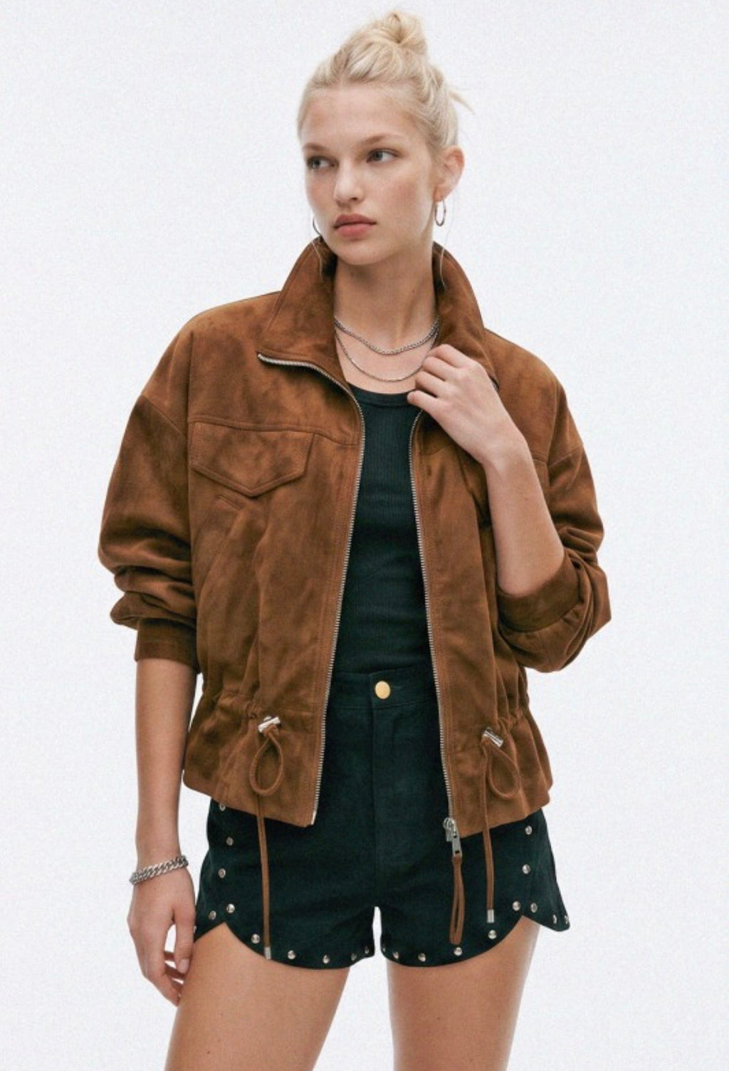 Camel Suede Bomber Jacket