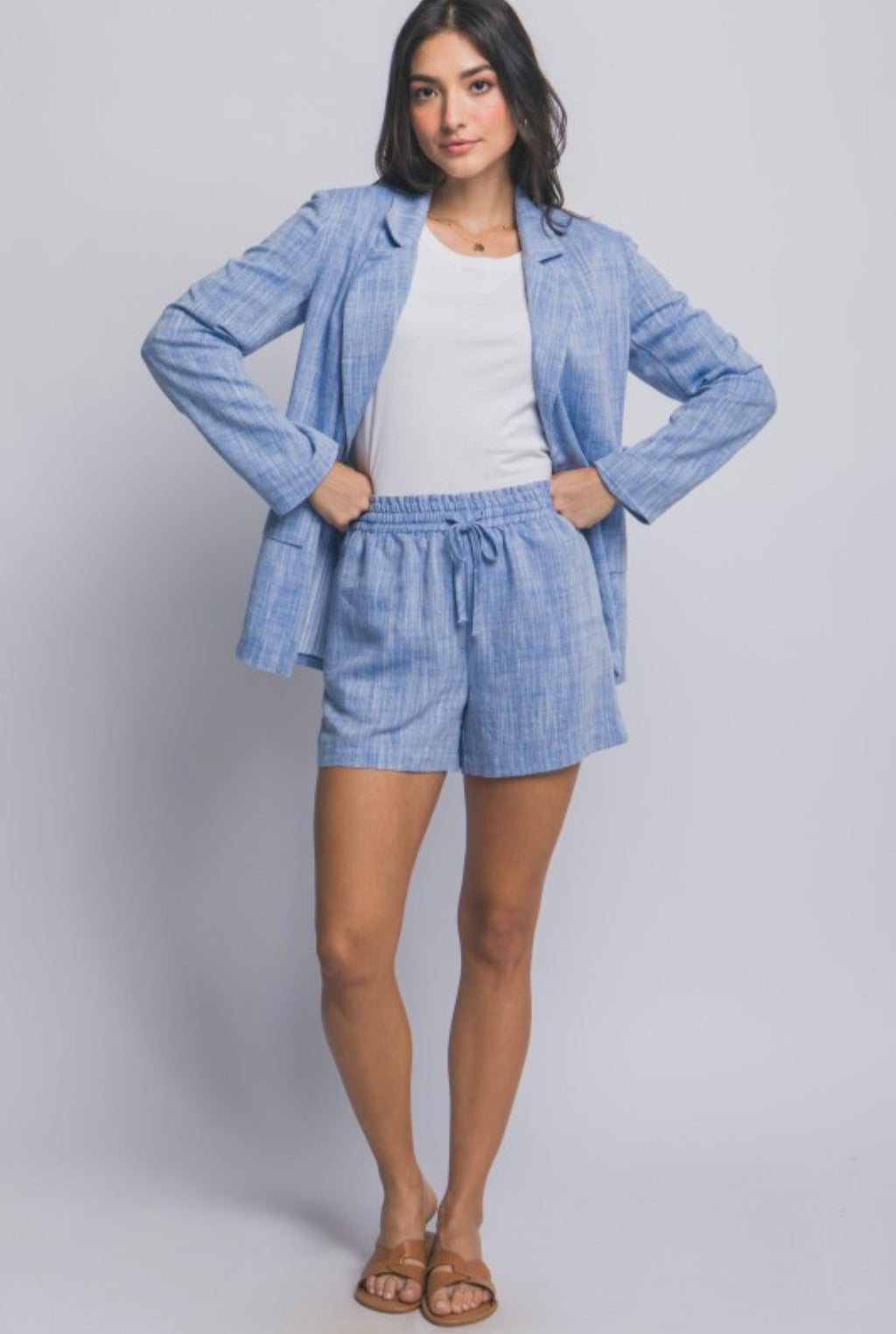 Light Blue Linen Drawstring Shorts
