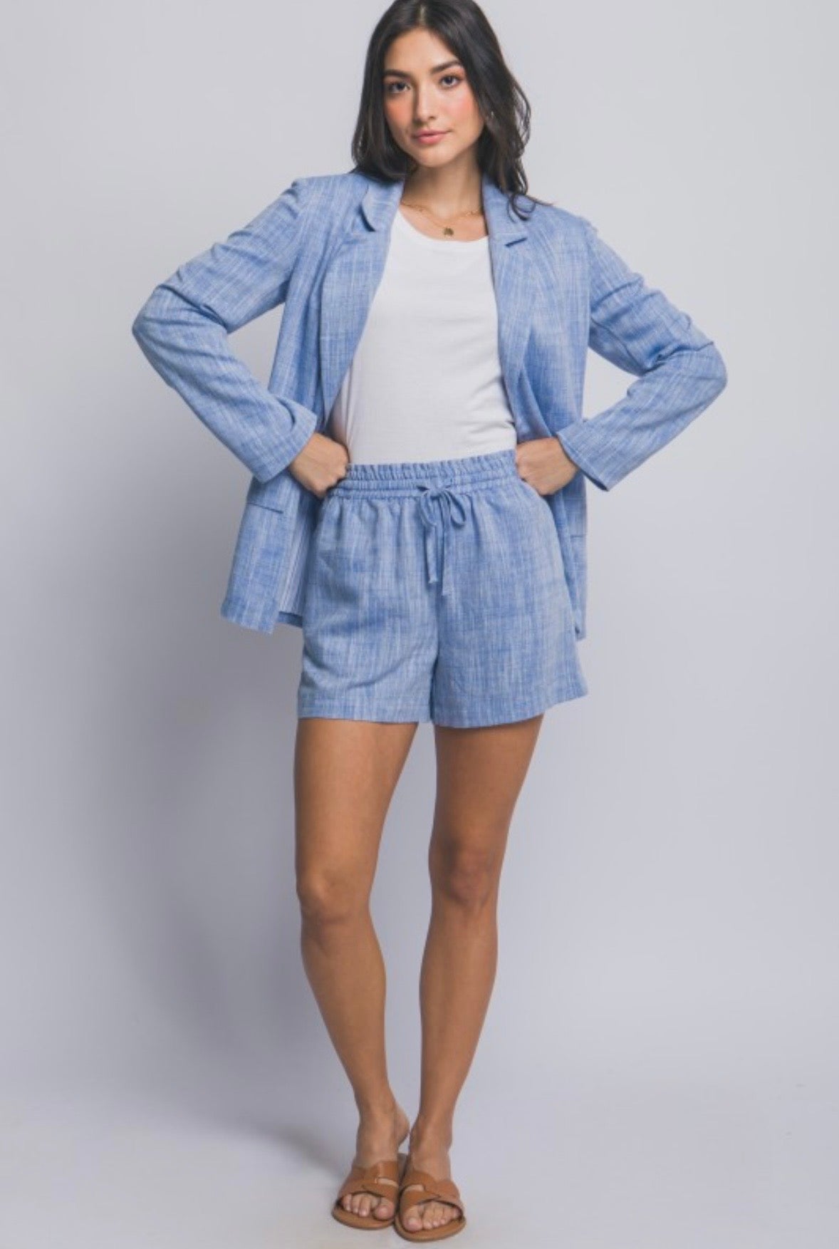 Light Blue Linen Drawstring Shorts