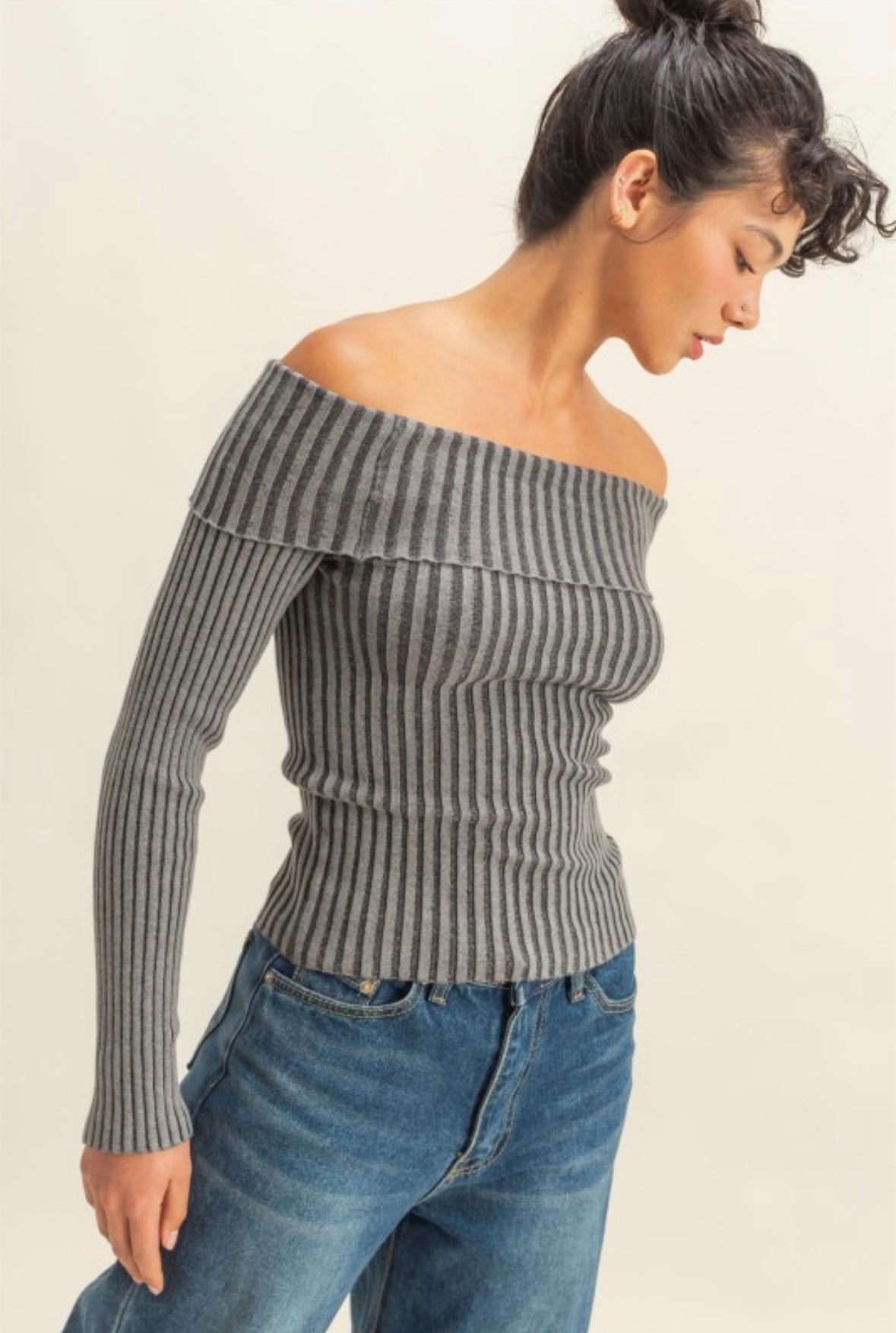 Grey Off The Shoulder Ribbed Top