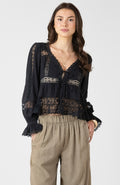 Black Lace Tie Front Peplum Top