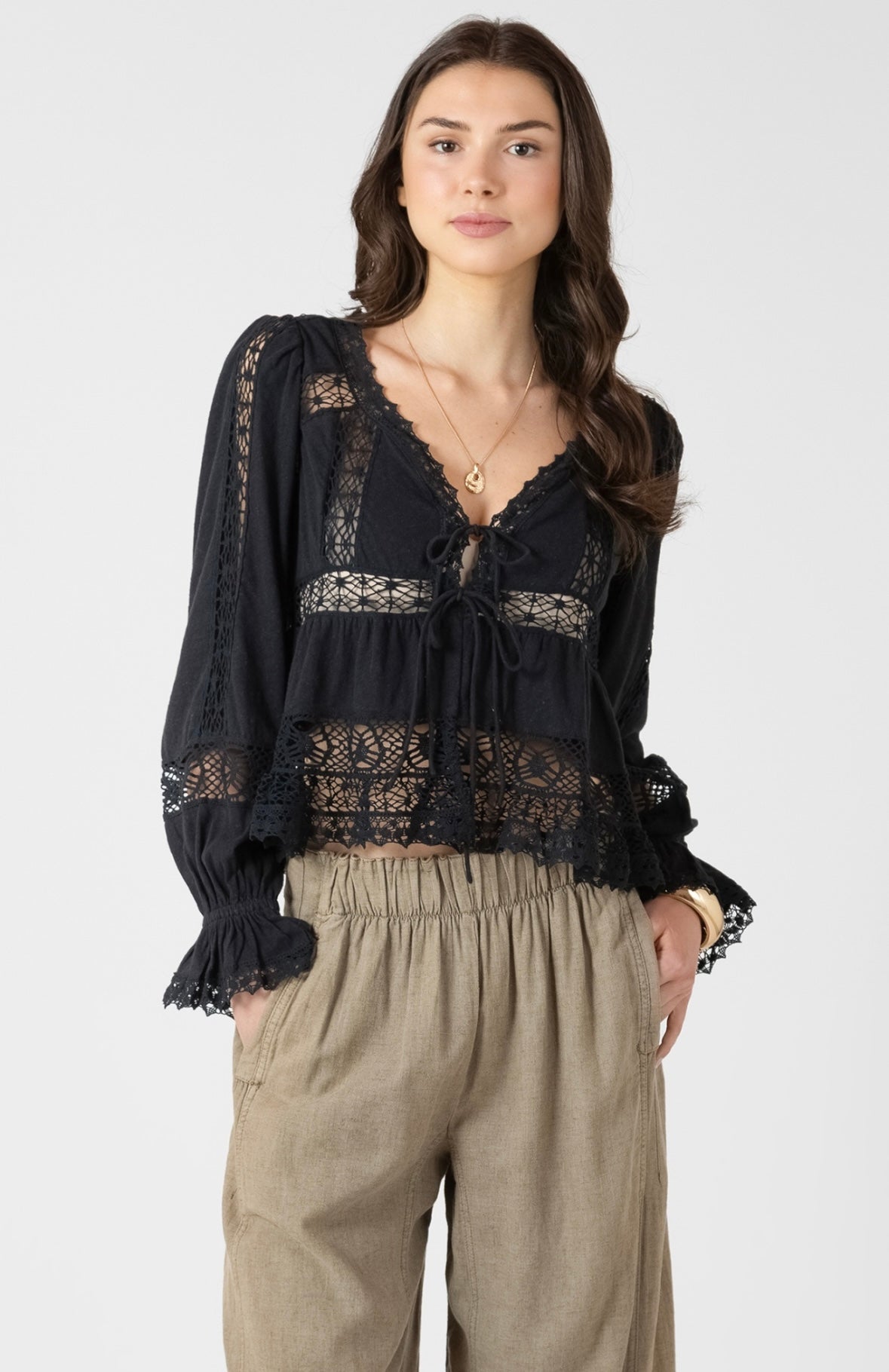 Black Lace Tie Front Peplum Top