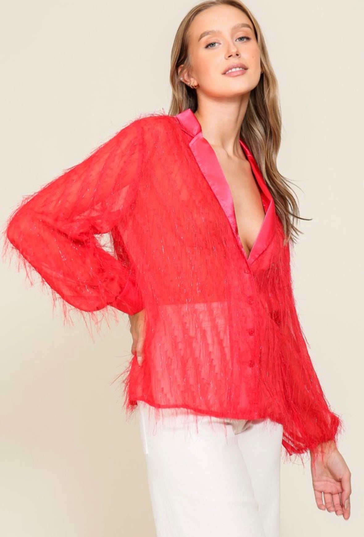 Red Fringe Glitter Button Down