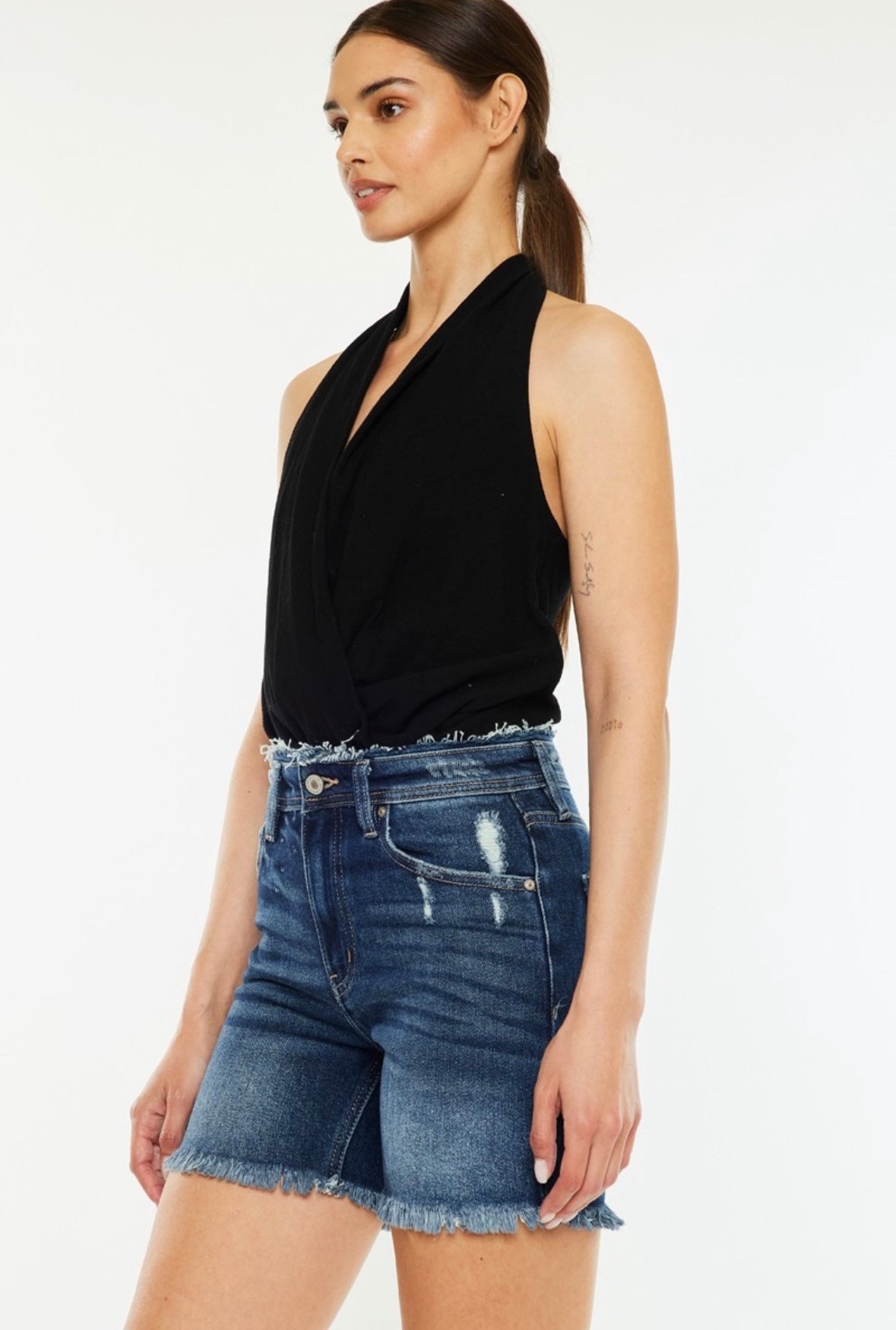 Darkwash Denim Distressed Bermuda Shorts