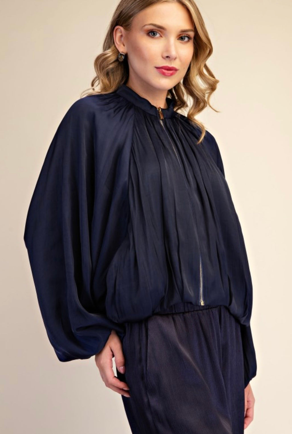 Navy Satin Balloon Bomber Jacket