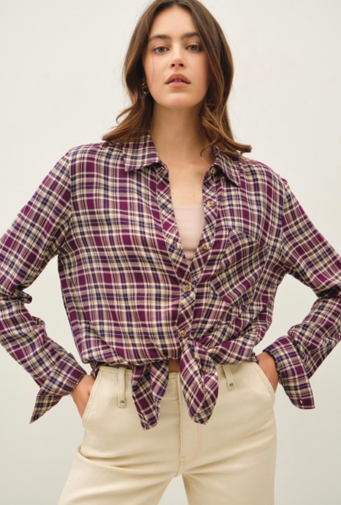 Plum Plaid Button Down Top