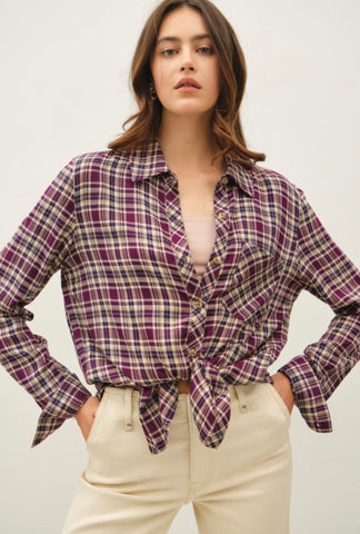 Plum Plaid Button Down Top