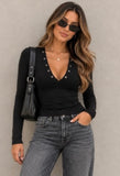 Black Studded V-Neck Top