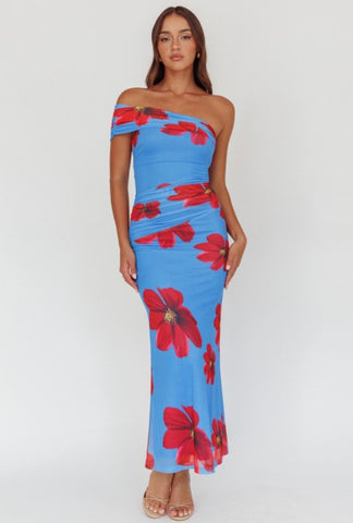 Blue Floral Mesh Dress