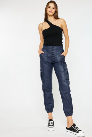 Navy Vegan Leather Jogger