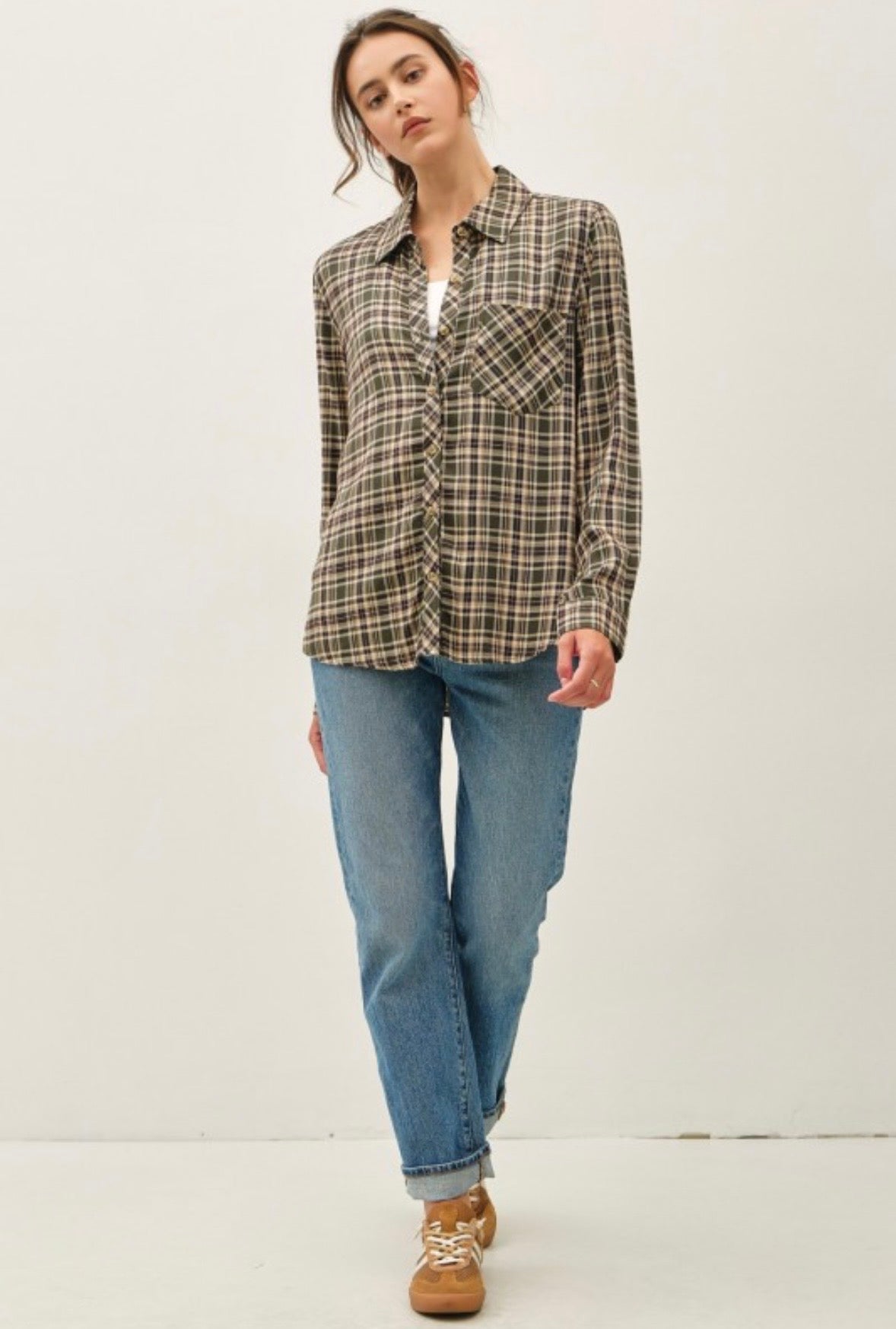 Forest Plaid Button Down Top