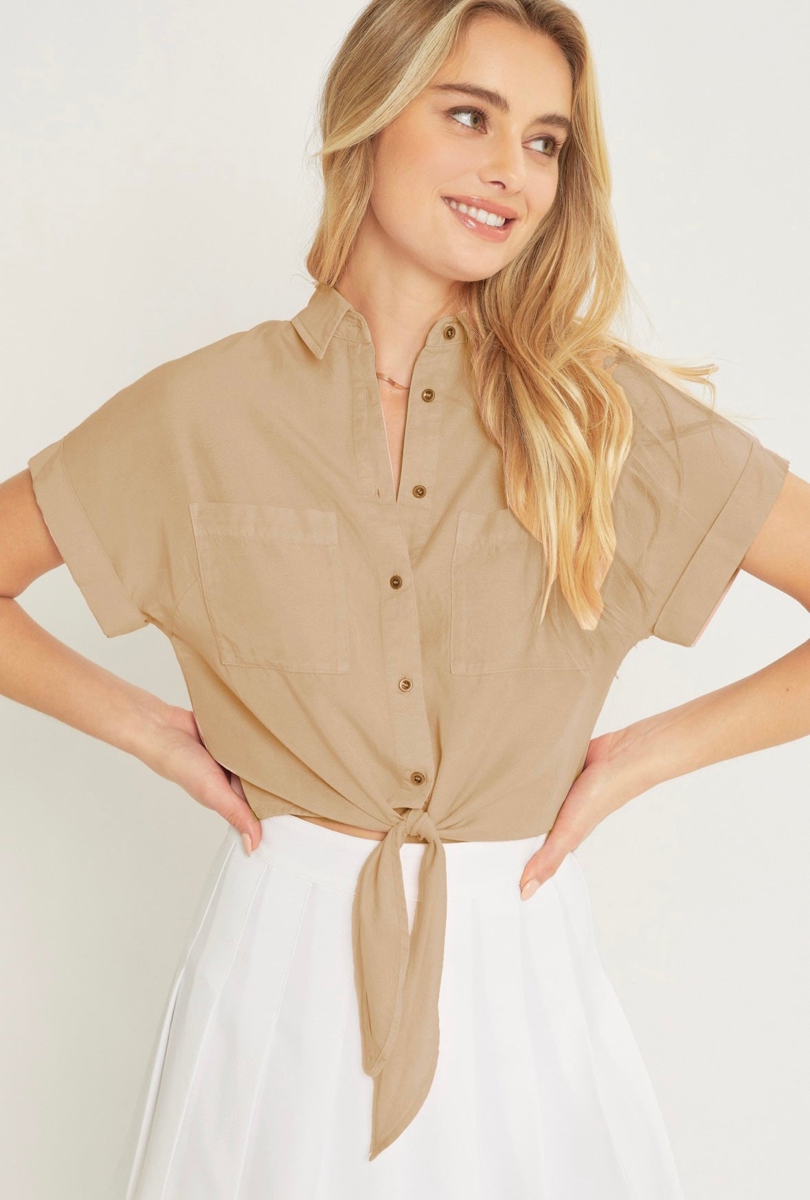 Tan Short Sleeve Button Down Tie Top