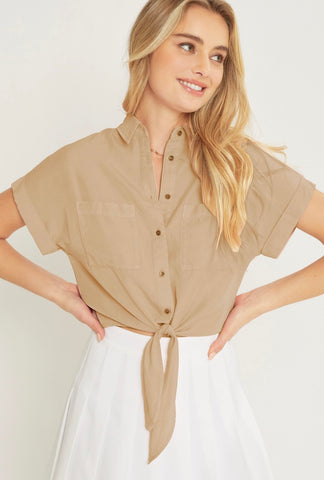 Tan Short Sleeve Button Down Tie Top