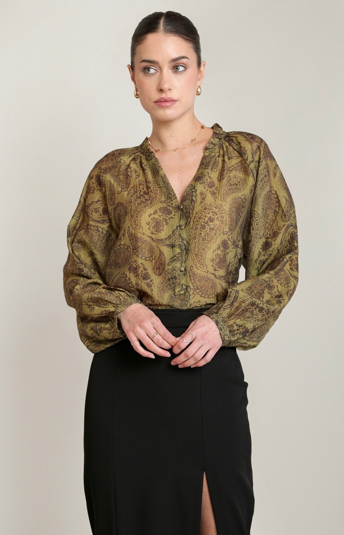 Paisley Olive Peasant Top
