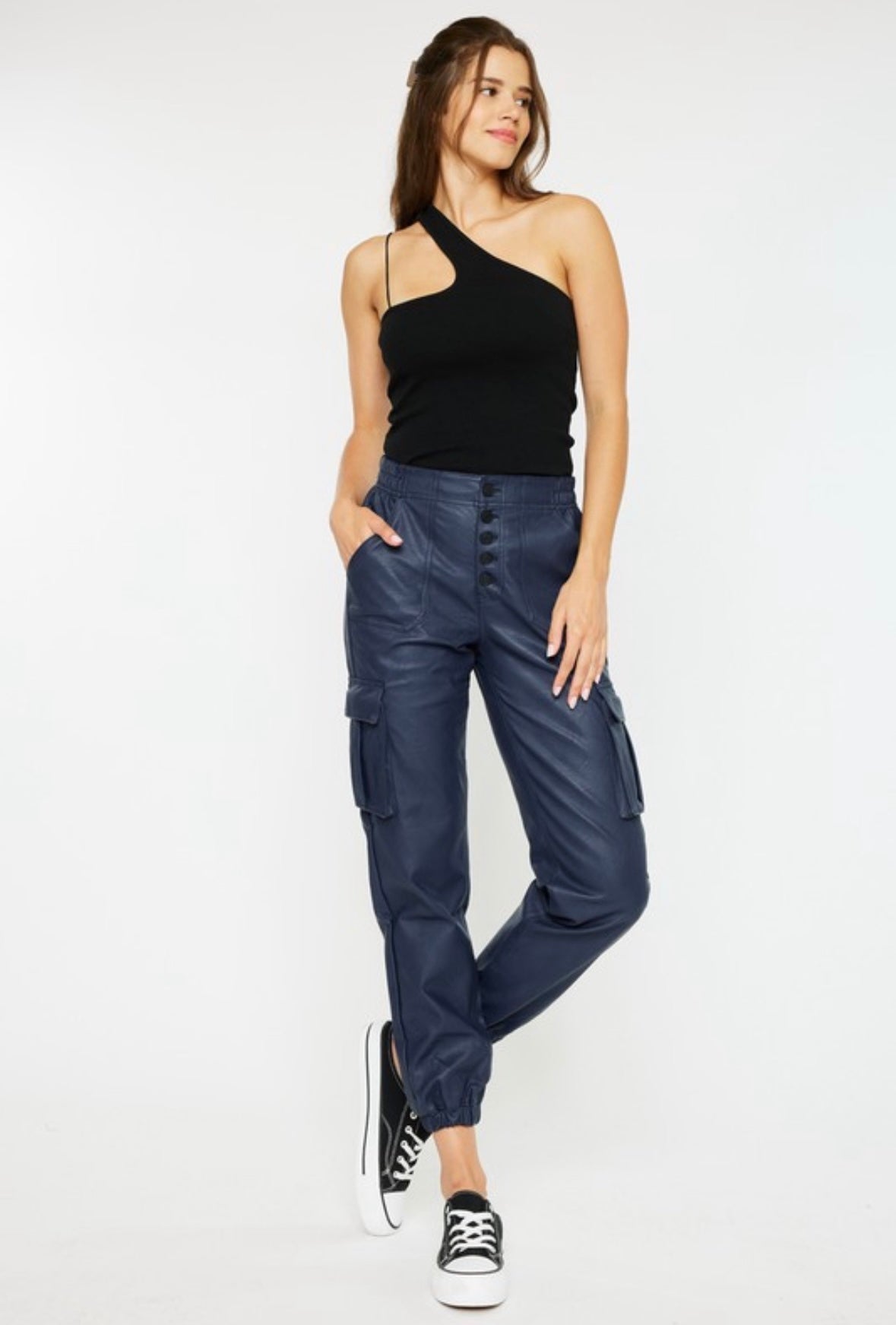 Navy Vegan Leather Jogger