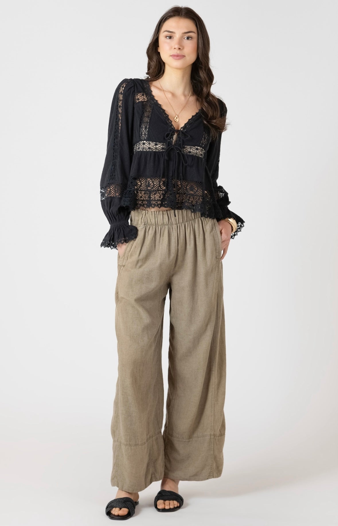 Black Lace Tie Front Peplum Top