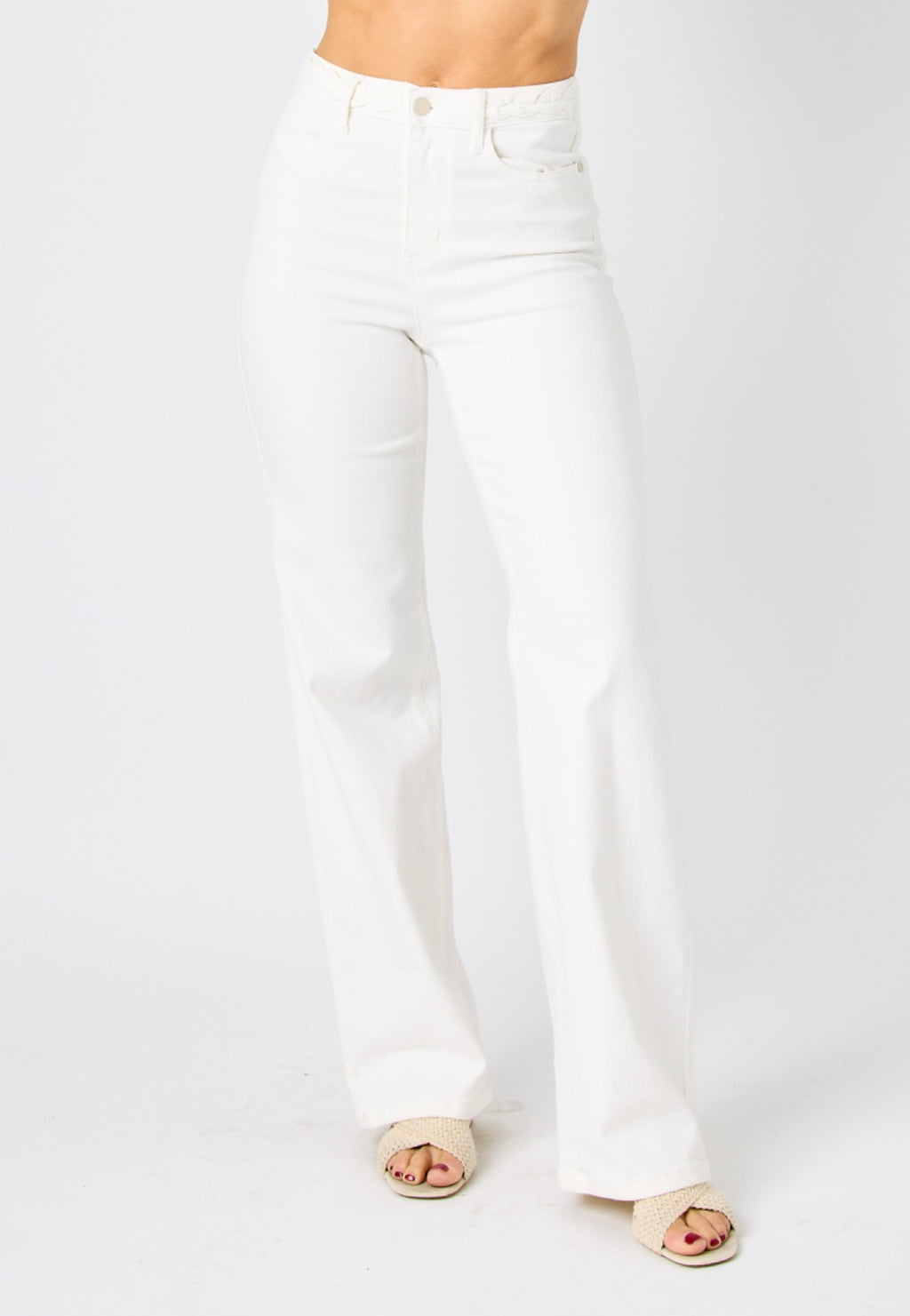 White Braided Wide Leg Jeans