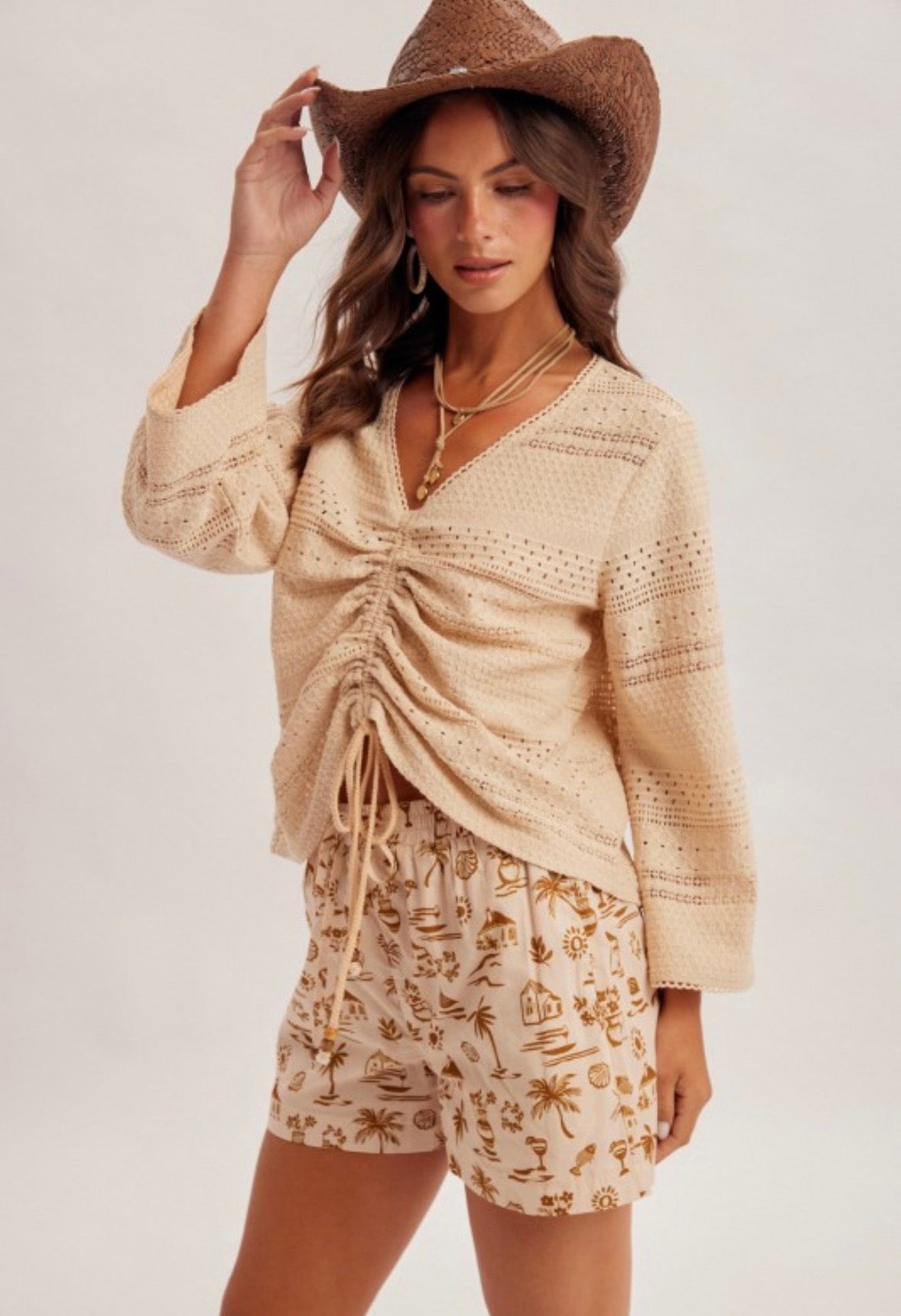 Cream Drawstring Lace Sweater