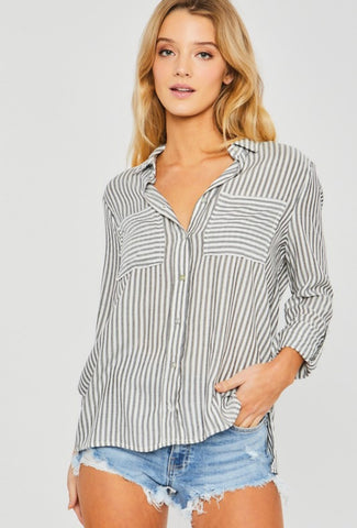 Black Stripe Linen Button Down