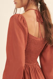 Rust Split Neck Satin Dress